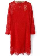 Romwe Red Long Sleeve Sheer Lace Slim Dress