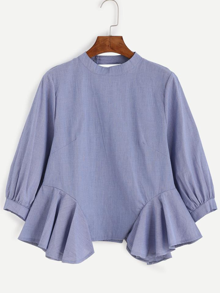 Romwe Blue Mock Neck Cutout Back Asymmetric Blouse
