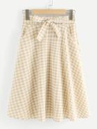 Romwe Check Button Front Self-tie Skirt