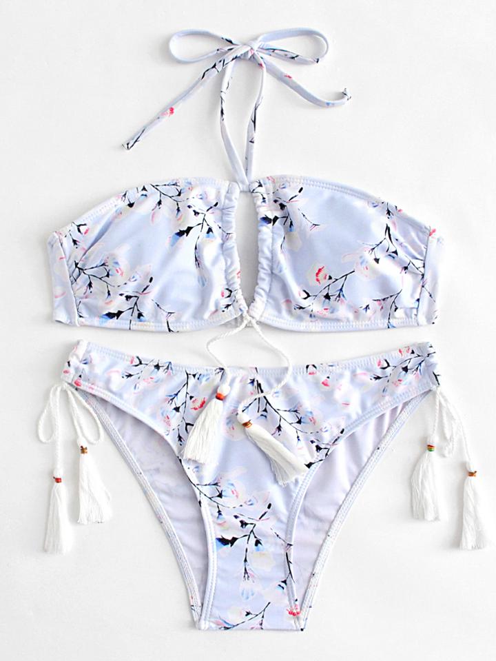 Romwe Calico Print Tassel Bikini Set
