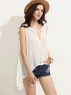 Romwe White Sleeveless High Low Tassel Trimmed Lace Up Top