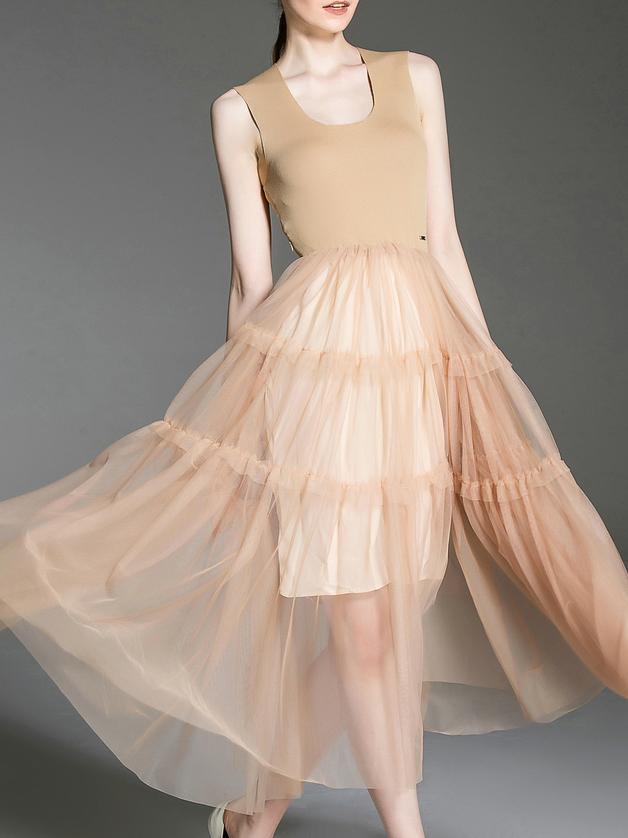 Romwe Khaki Contrast Gauze A-line Dress