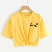 Romwe Embroidery Knot Hem Tee