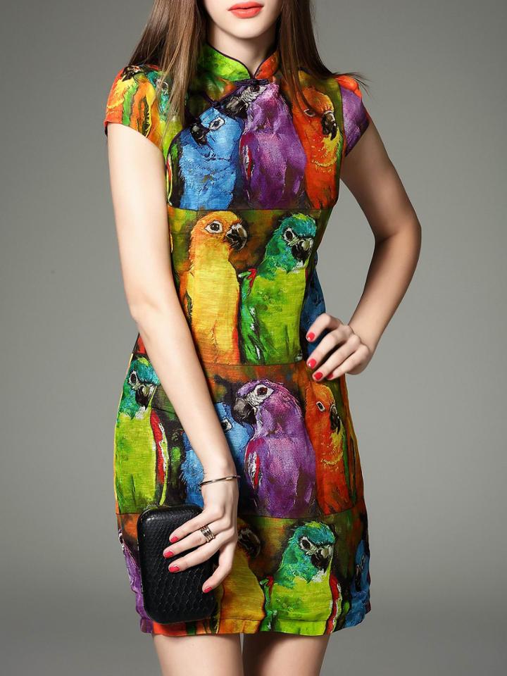 Romwe Multicolor Collar Birds Shift Dress