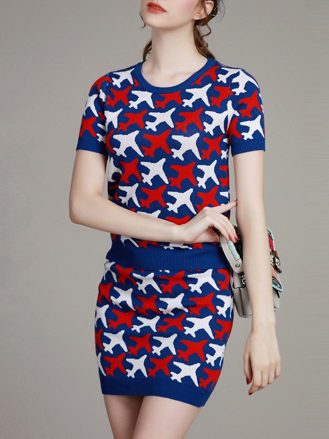 Romwe Navy Airplane Knit Top With Skirt