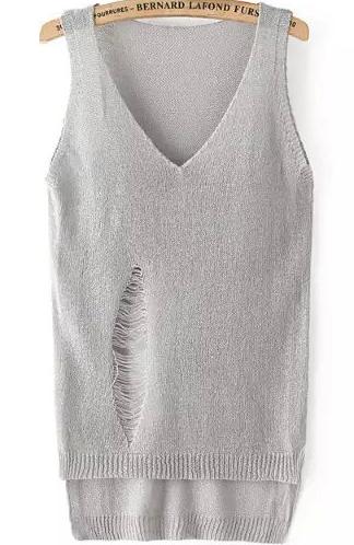 Romwe Dip Hem V Neck Ripped Grey Tank Top