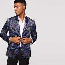 Romwe Guys Bird & Tree Print Satin Blazer