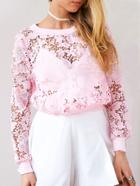 Romwe Pink Allover Lace Sweatshirt