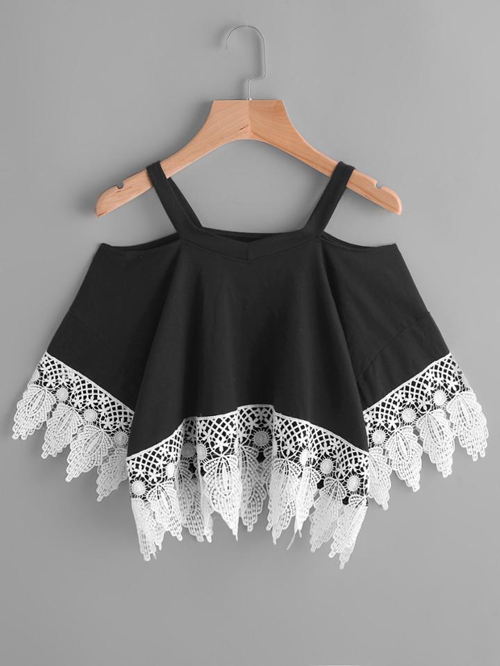 Romwe Cold Shoulder Contrast Crochet Lace Trim Tee
