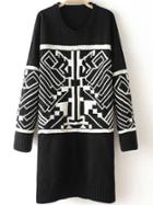 Romwe Long Sleeve Geometric Pattern Black Sweater Dress