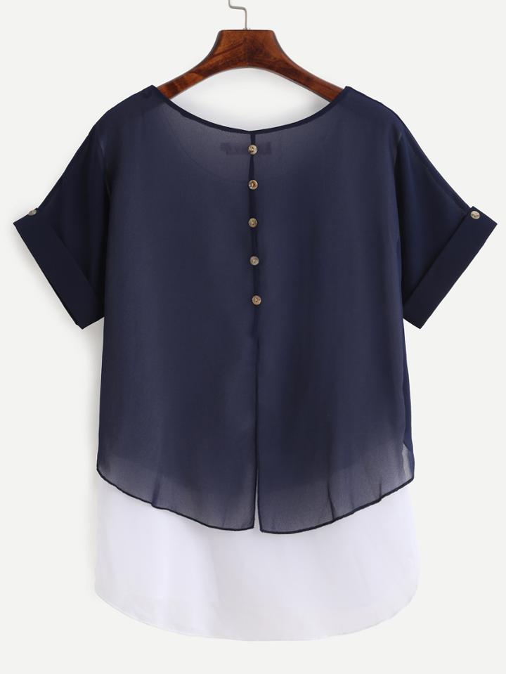 Romwe Navy Contrast Trim Button Back Chiffon Blouse