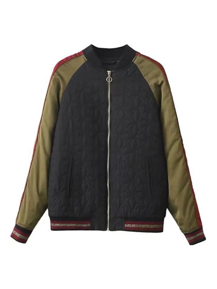 Romwe Contrast Sleeve Tiger Embroidery Padded Jacket