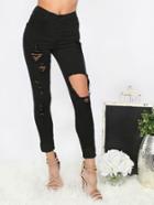 Romwe Black Cut Out And Ripped Turn Up Long Pants