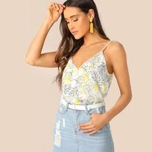 Romwe Double V Neck Lemon Print Cami Top