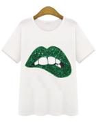 Romwe Bead Green Lip Pattern Loose T-shirt