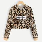 Romwe Leopard Print Patched Drawstring Hoodie