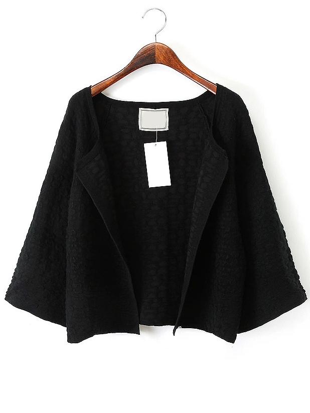 Romwe Open Front 3/4 Sleeve Jacquard Crop Black Coat
