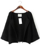 Romwe Open Front 3/4 Sleeve Jacquard Crop Black Coat