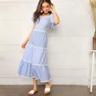 Romwe Lace Trim Tiered Mixed Gingham Dress