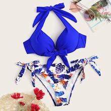 Romwe Underwired Halter Top With Tie Side Bikini Set