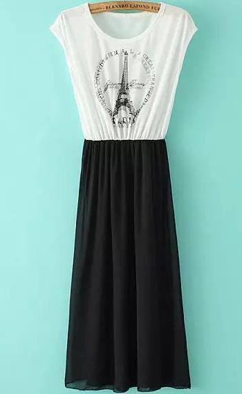 Romwe Tower Print Pleated White Dress