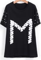 Romwe With Bead Contrast Lace M Pattern T-shirt