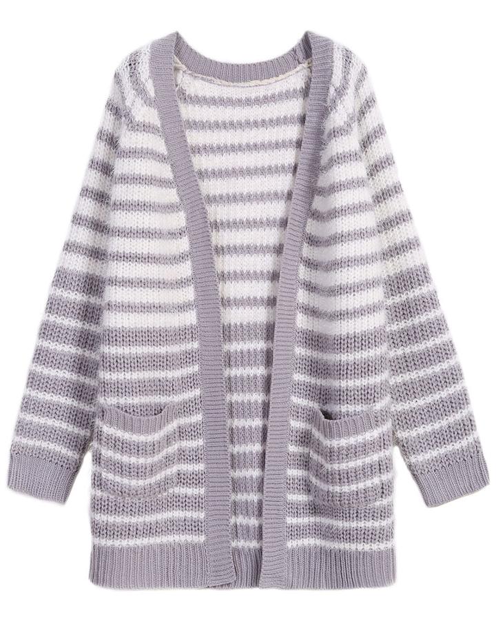 Romwe Striped Pockets Knit Cardigan