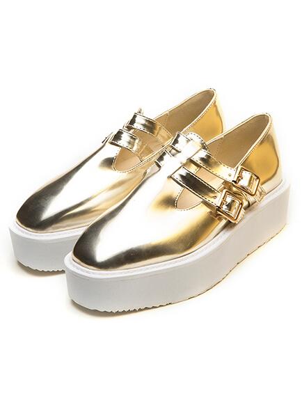 Romwe Gold Square Toe Buckle Strap Flat Shoes