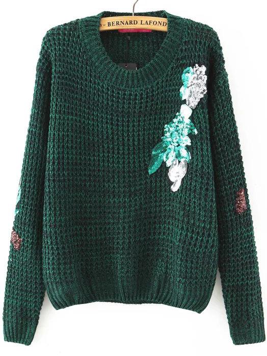 Romwe Green Sequin Detail Round Neck Sweater