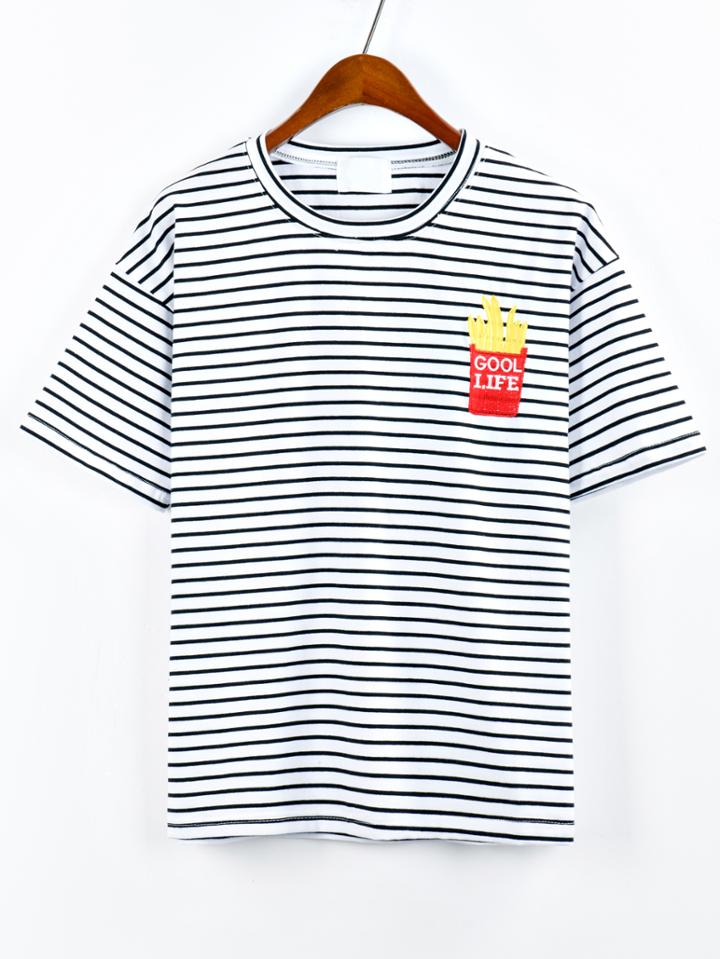 Romwe French Fries Embroidered Striped T-shirt - White