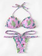 Romwe Lettuce Trim Braided Detail Bikini Set