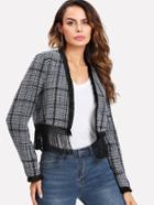 Romwe Fringe Trim Open Front Crop Jacket
