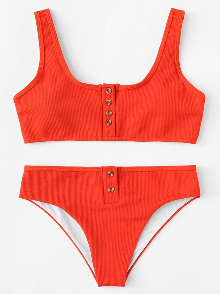 Romwe Button Ribbed Bikini Set