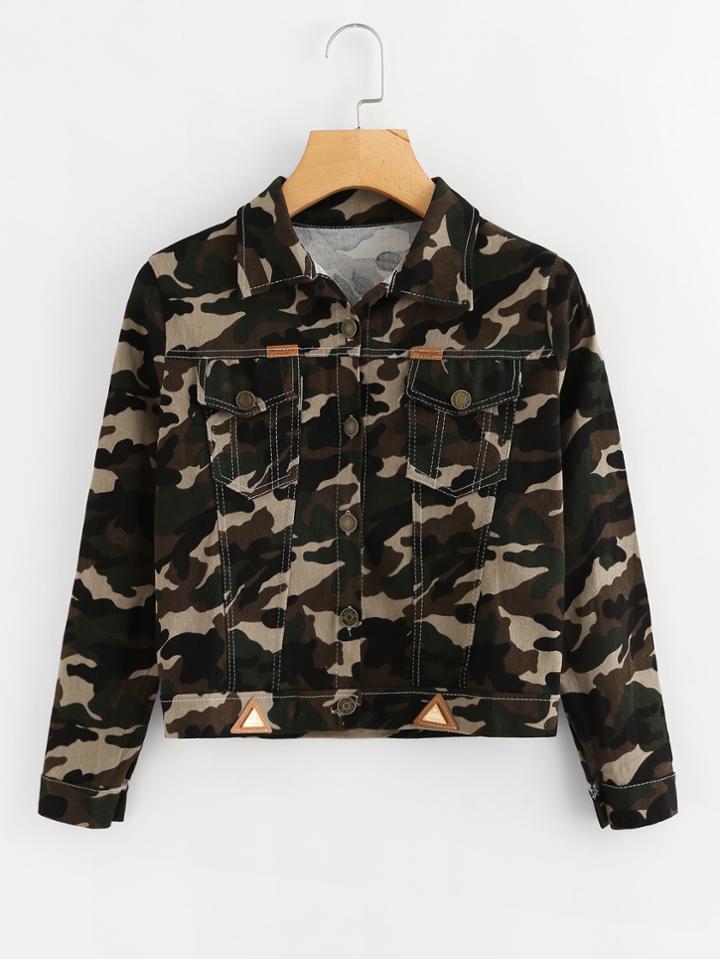 Romwe Camo Print Single Breasted Jacket