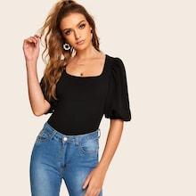Romwe Square Neck Puff Sleeve Solid Top