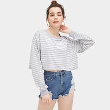 Romwe Striped Drop Shoulder Crop Tee