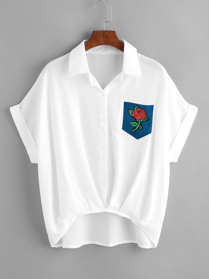 Romwe Rose Patch Pocket Dip Hem Cuffed Blouse