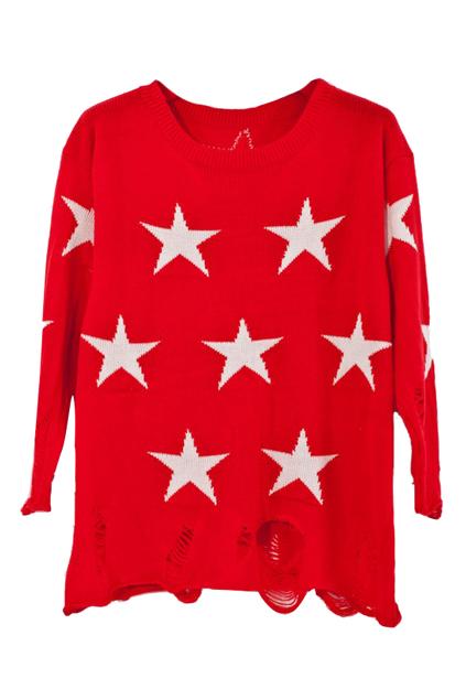 Romwe Distressed Star Knitted Red Jumper