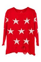 Romwe Distressed Star Knitted Red Jumper