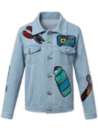 Romwe Blue Pockets Buttons Front Sequined Denim Jacket
