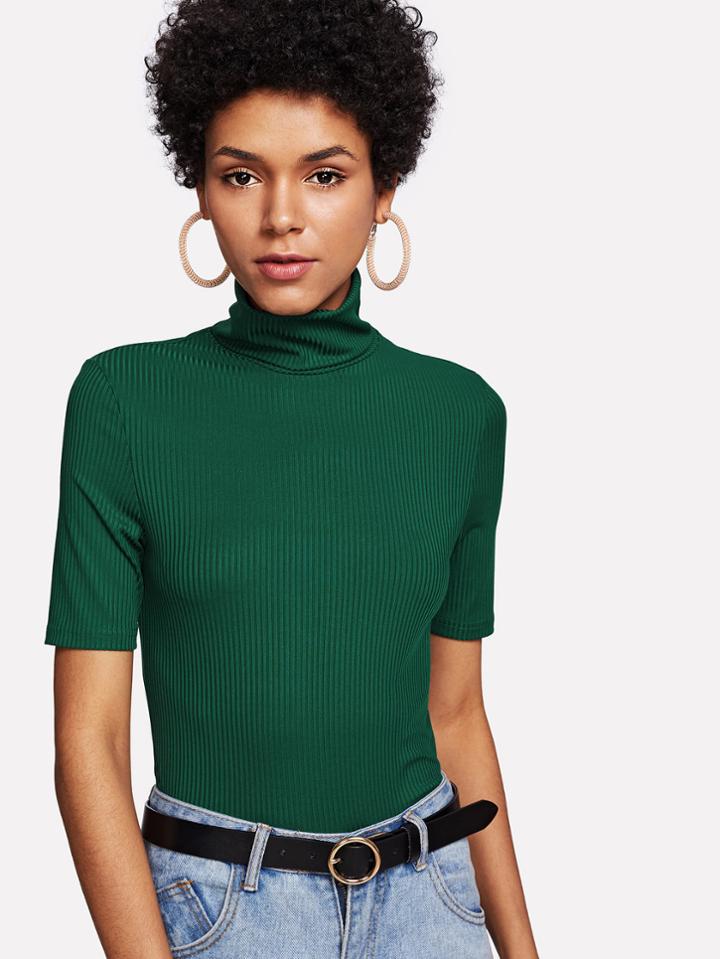 Romwe High Neck Rib Knit T-shirt