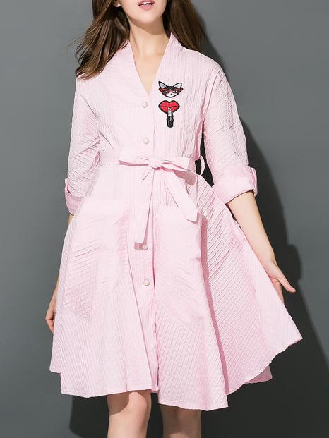 Romwe Pink V Neck Tie-waist Pockets A-line Dress
