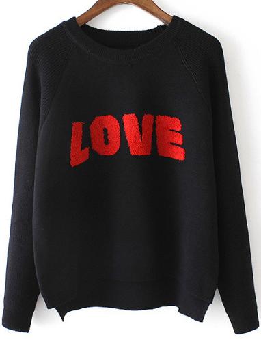 Romwe Black Crew Neck Sweater With Contrast Letter Pattern