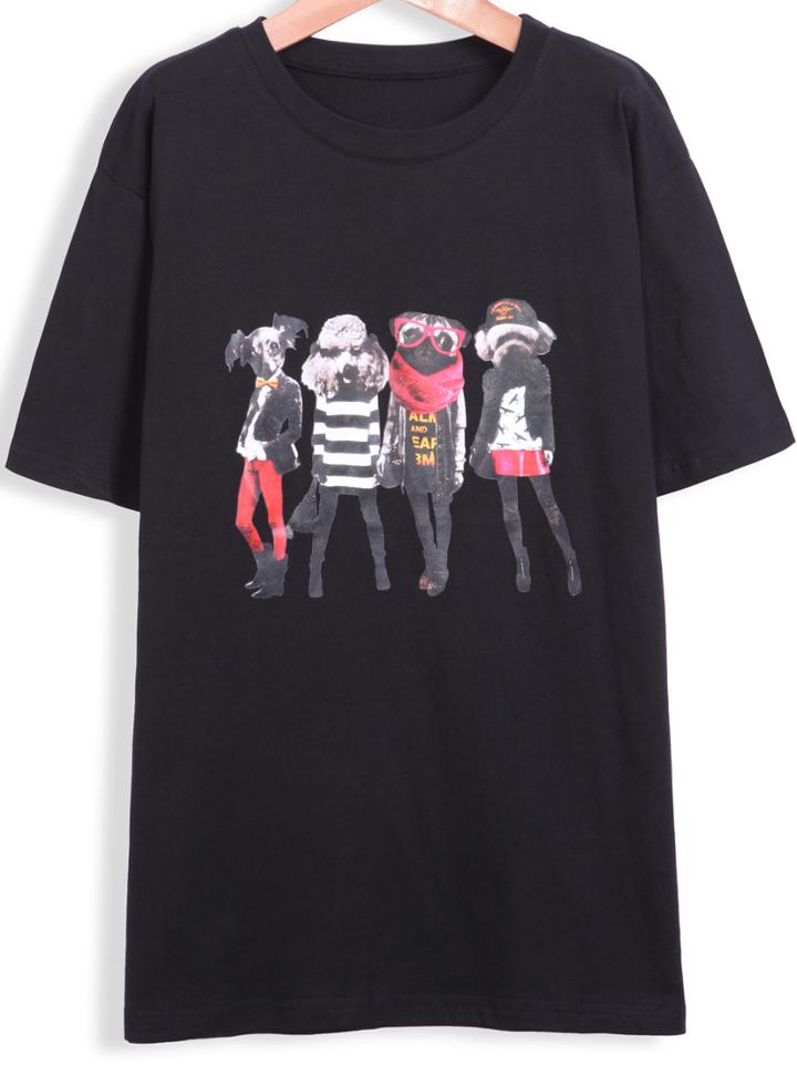 Romwe Dogs Print Loose Black T-shirt