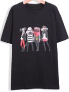 Romwe Dogs Print Loose Black T-shirt