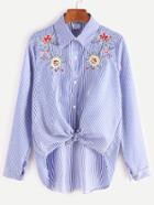 Romwe Blue Striped Flower Embroidered Knotted High Low Shirt