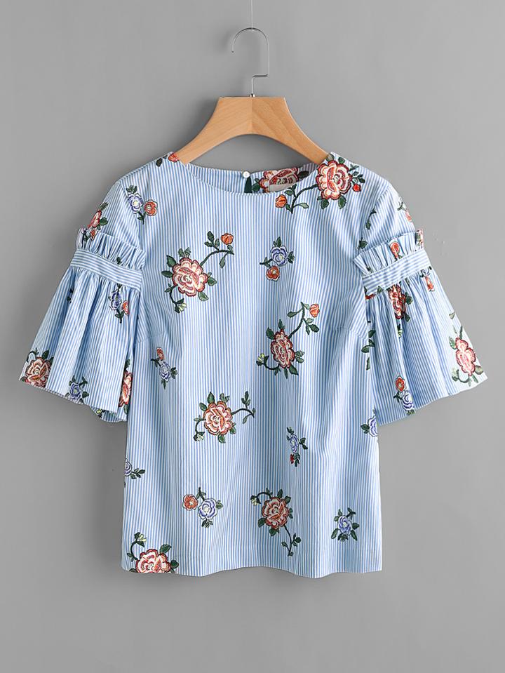 Romwe Flower Print Frill Sleeve Striped Blouse