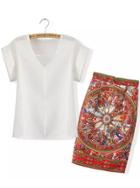 Romwe White V Neck Short Sleeve Top With Floral Skirt