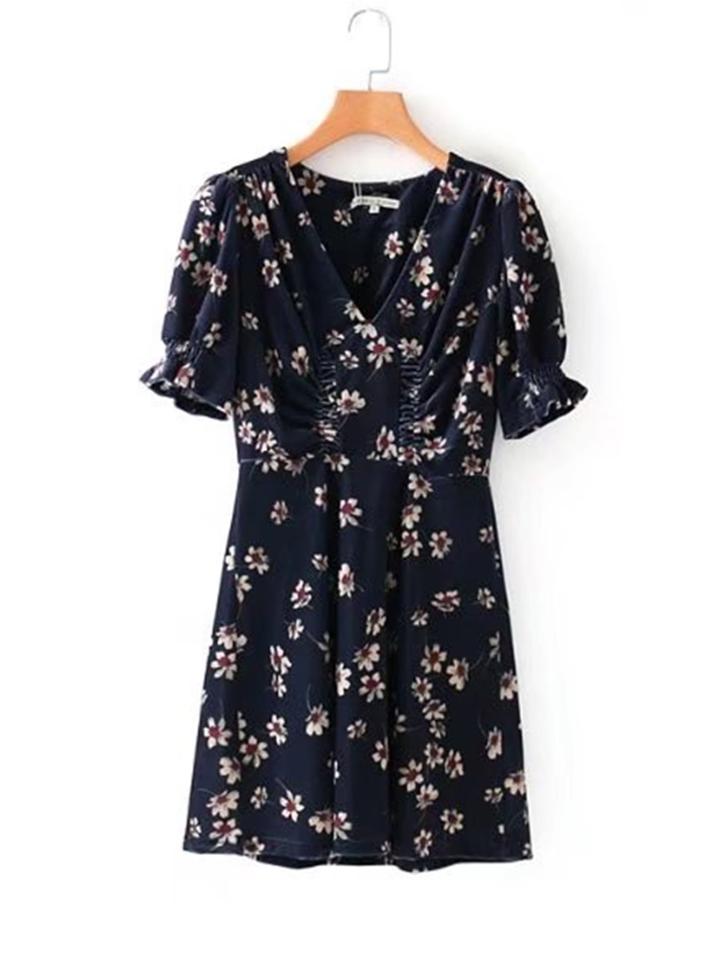 Romwe Floral Print Shirred Detail Velvet Dress