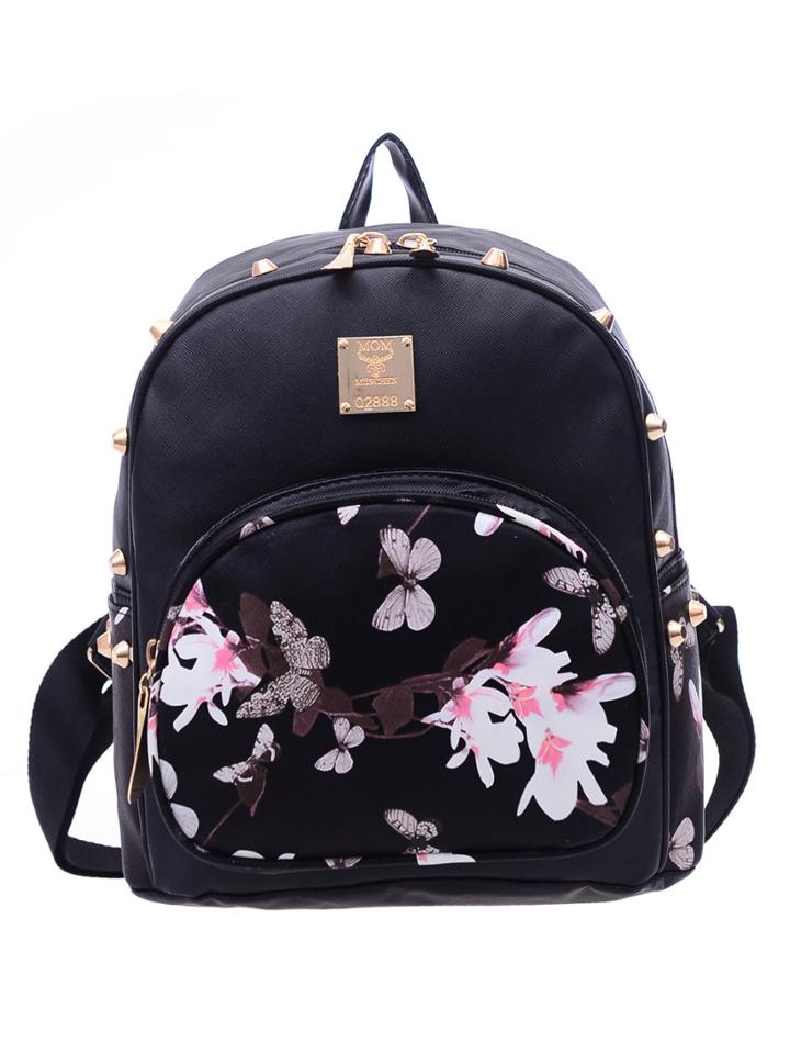 Romwe Studded Flower Print Backpack - Black